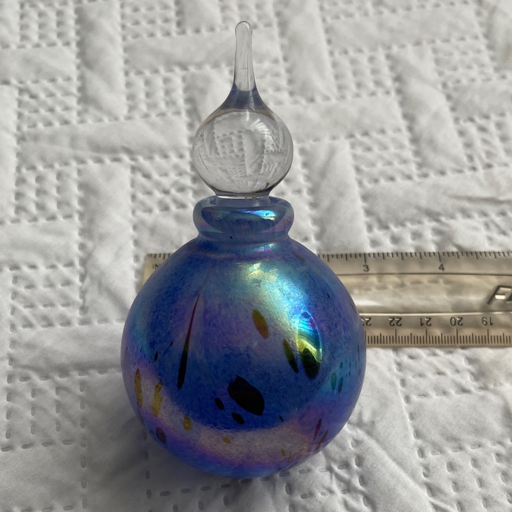 I.Rice Iridescent Blue Handblown Glass Perfume Bottle with Clear Stopper